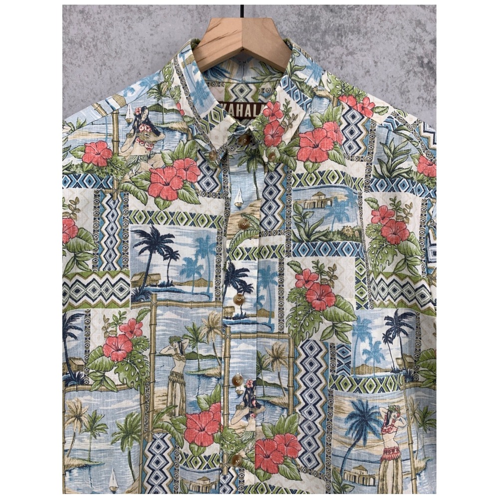 Kahala Hawaiian Shirt Mens Large Blue Tropical Hula Girl Hibiscus Floral USA